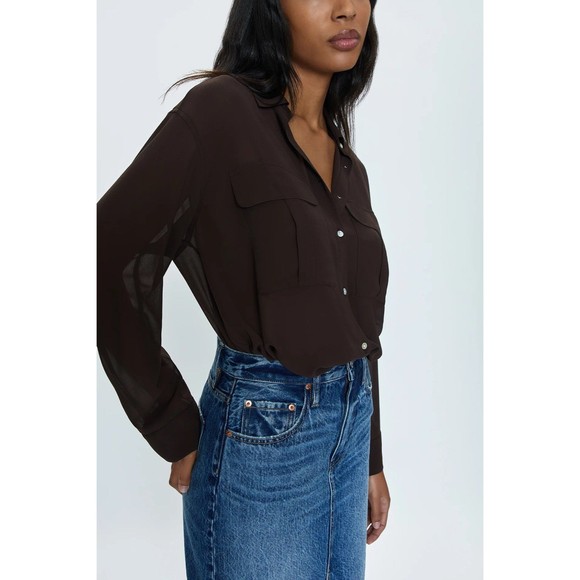 NWT $138 Pistola REESE SHEER SHIRT - DARK ROAST Brown Top Womens Large - Picture 2 of 6